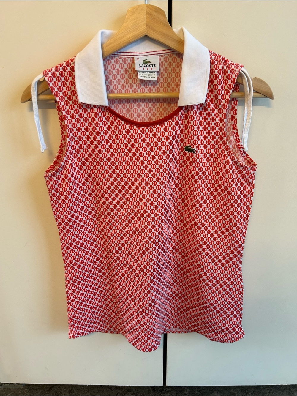 Lacoste Red and White Sleeveless Patterned Polo Tank Top, size S